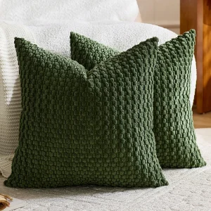 Christmas Dark Green Corduroy Decorative Pillow Covers 45x45CM Soft Boho Striped Throw Pillow Covers Modern Farmhouse Home Decor