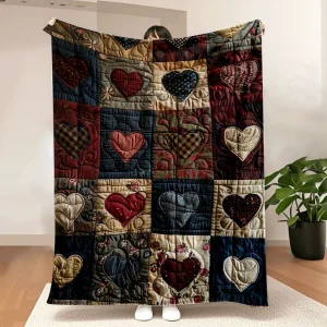 Ultra-Soft Flannel Heart-Print Blanket - Lightweight and portable for year-round travel, camping, or office use. Patchwork quilt