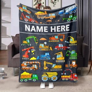 Personalized Name Cartoon Construction Vehicle Blanket Cute Building Truck Flannel Blanket All-season Soft Cozy Gift for Home