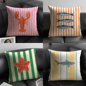 Ocean Life Theme Striped Cushion Cover Natural Linen Organic Fabric Double-Sided Printing Sofa Home Decor Gift Pillow Case