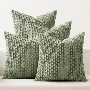 Sage Green 18x18 Inch Spring Farmhouse Throw Pillow Covers Soft Couch Decorative Corduroy Striped Pillowcases